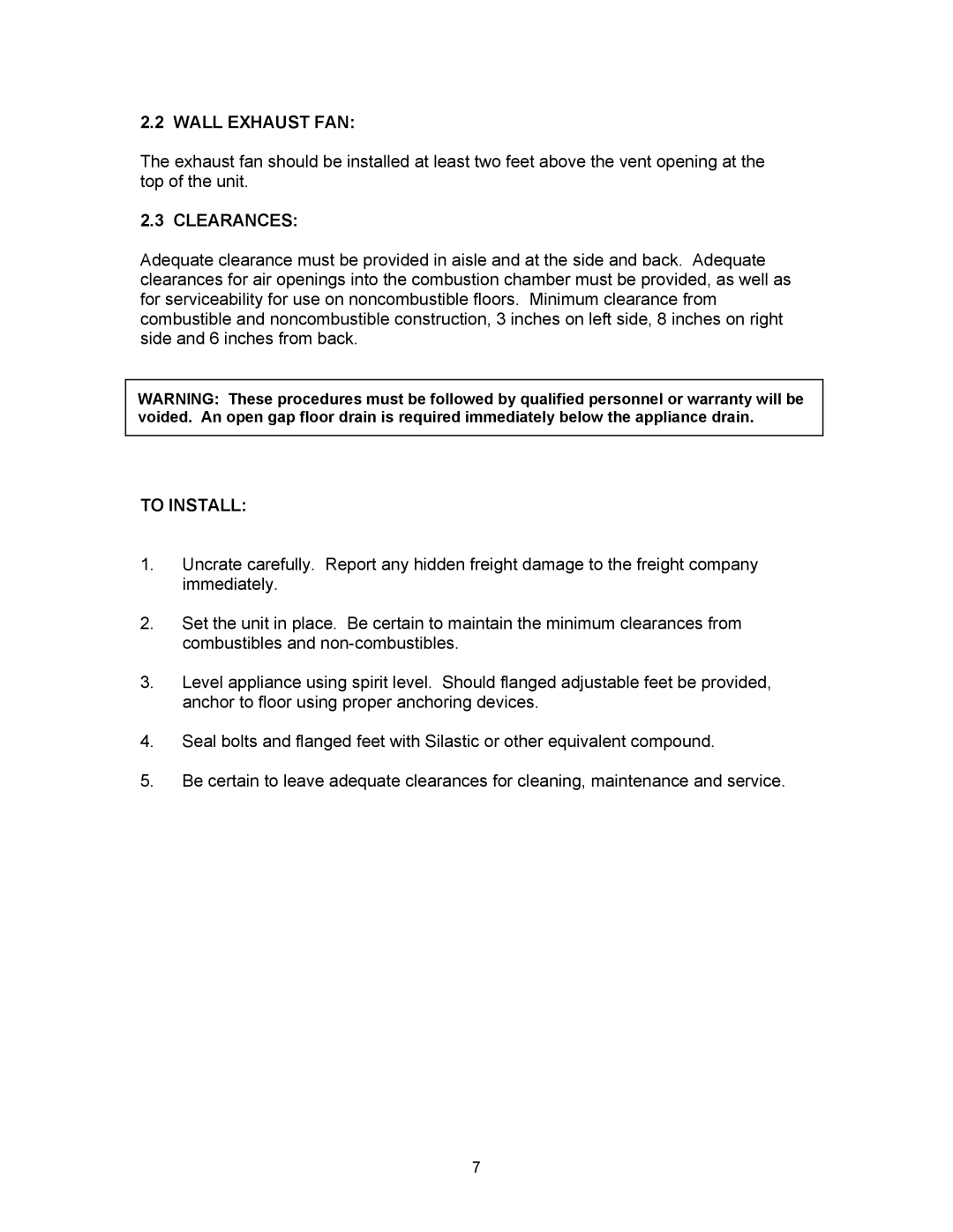 Blodgett SN-5G manual Wall Exhaust FAN, Clearances, To Install 