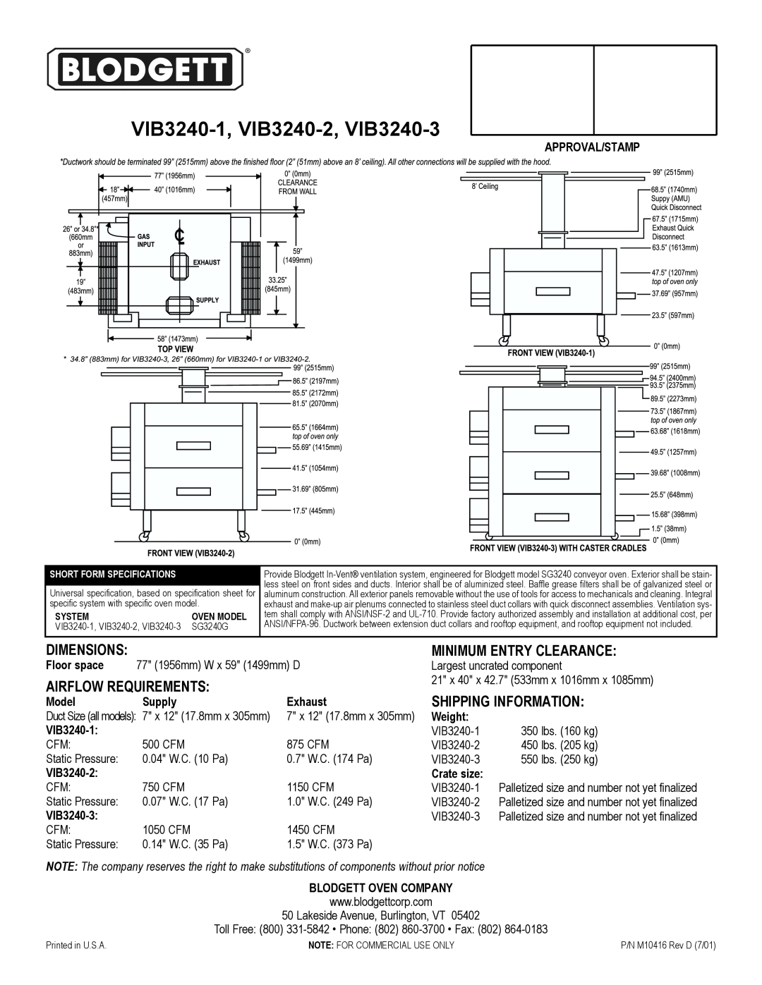 Blodgett VIB3240-1, VIB3240-2, VIB3240-3, Dimensions, Airflow Requirements, Minimum Entry Clearance, Approval/Stamp 