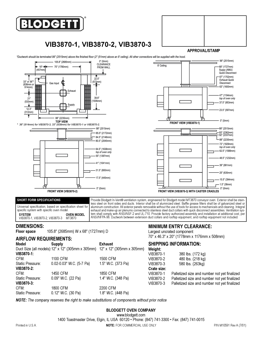 Blodgett VIB3870-1, VIB3870-2, VIB3870-3, Dimensions, Airflow Requirements, Minimum Entry Clearance, Approval/Stamp 