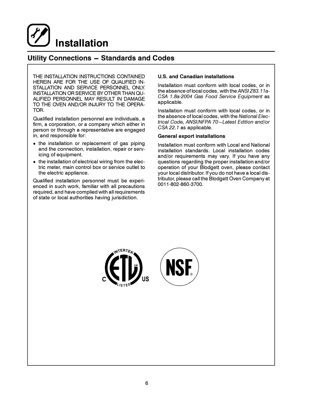 Blodgett XR8-G manual Utility Connections --- Standards and Codes 