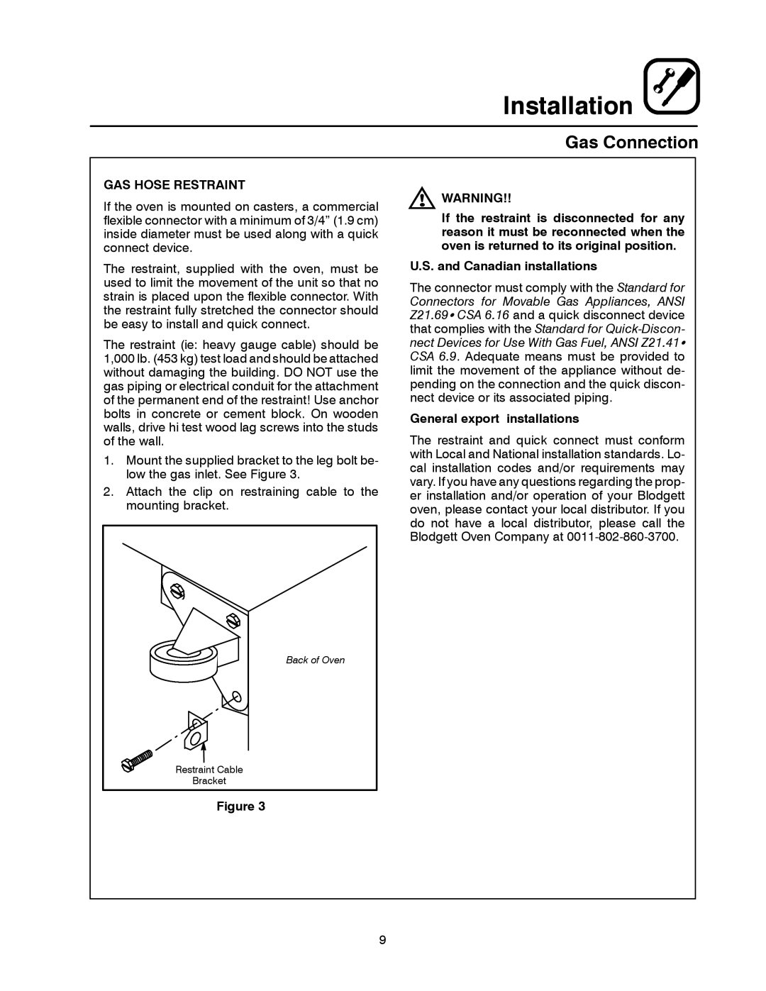 Blodgett XR8-G manual GAS Hose Restraint, General export installations 