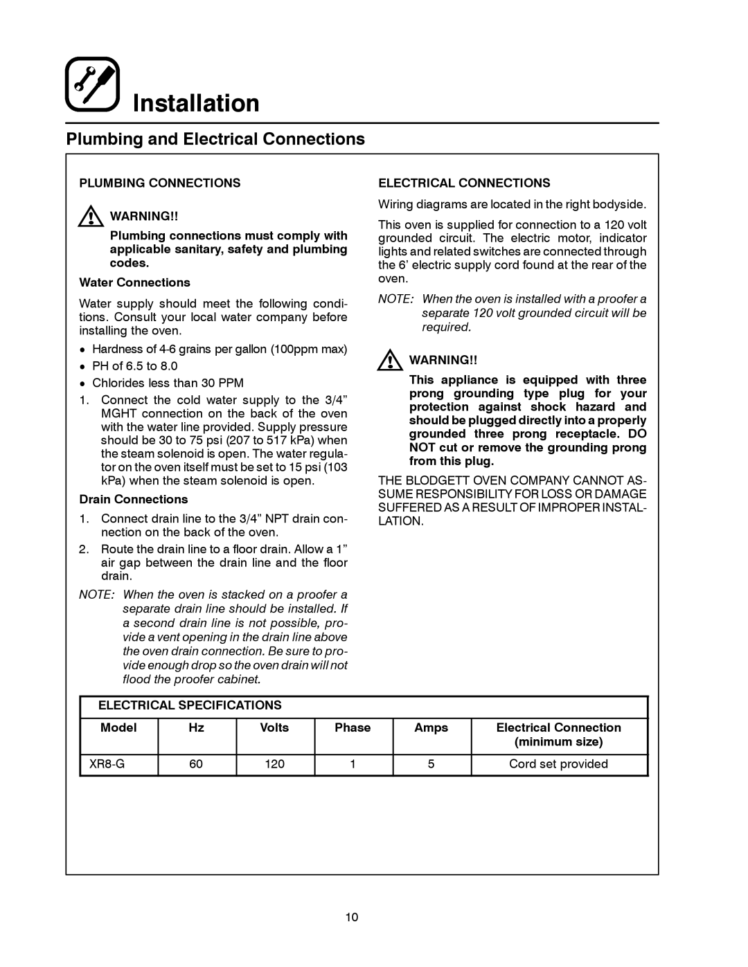 Blodgett XR8-G manual Plumbing and Electrical Connections, Plumbing Connections, Electrical Specifications 