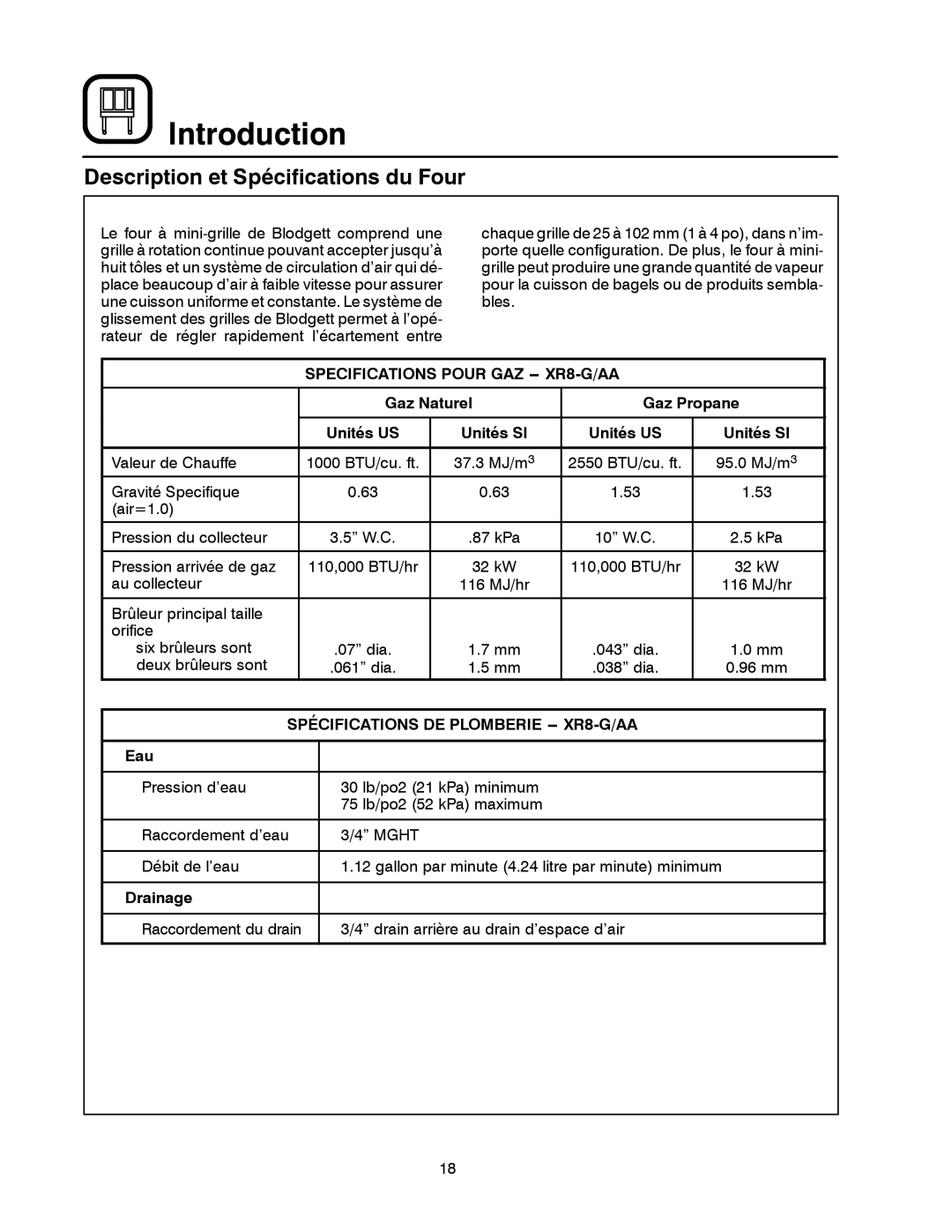 Blodgett manual Description et Spécifications du Four, Specifications Pour GAZ -- XR8-G/AA, Eau 