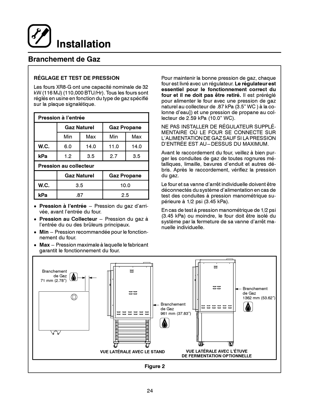 Blodgett XR8-G manual Réglage ET Test DE Pression, Pression à l’entrée Gaz Naturel Gaz Propane 