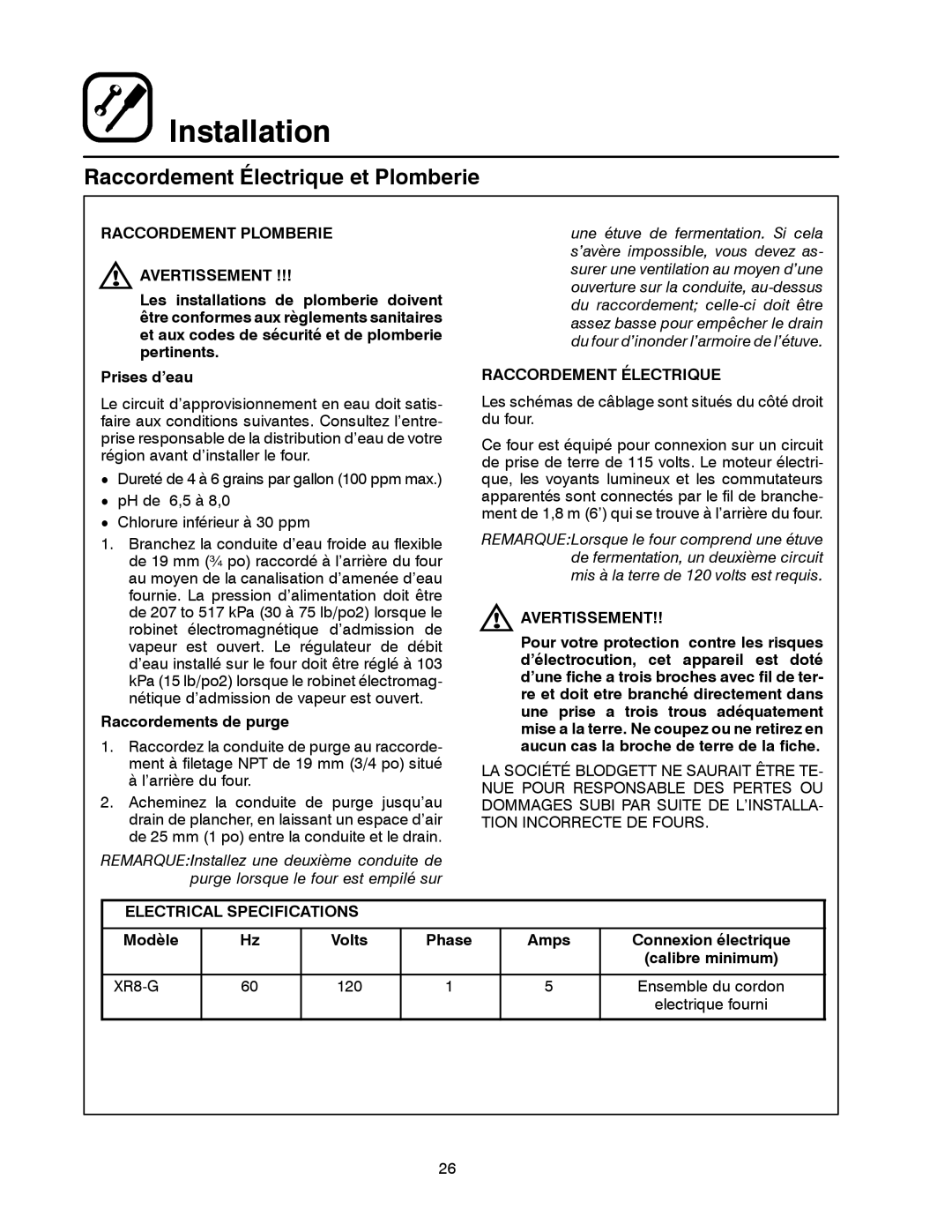 Blodgett XR8-G manual Raccordement Électrique et Plomberie, Raccordement Plomberie Avertissement, Raccordements de purge 