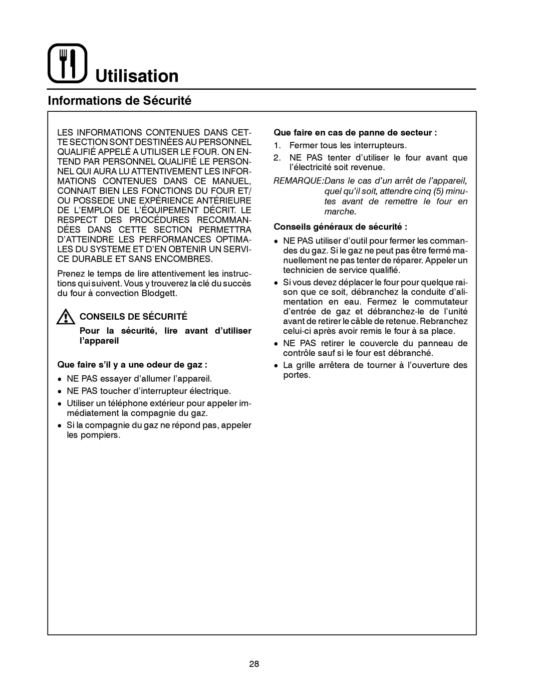 Blodgett XR8-G manual Utilisation, Informations de Sécurité, Conseils DE Sécurité, Que faire en cas de panne de secteur 