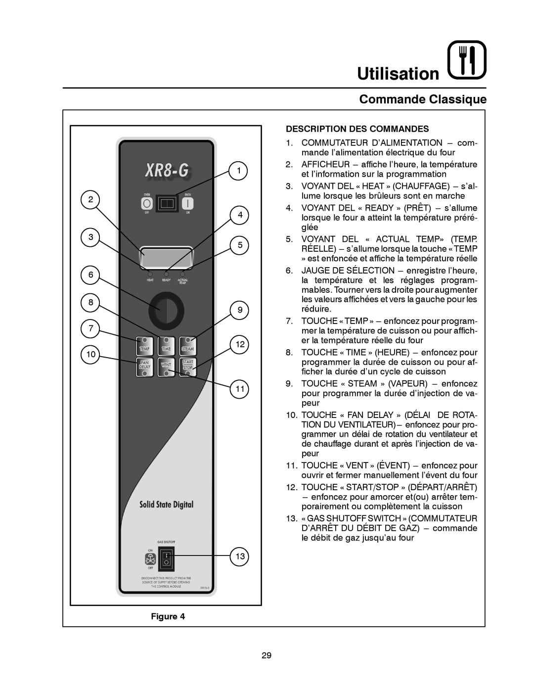 Blodgett XR8-G manual Commande Classique, Description DES Commandes 