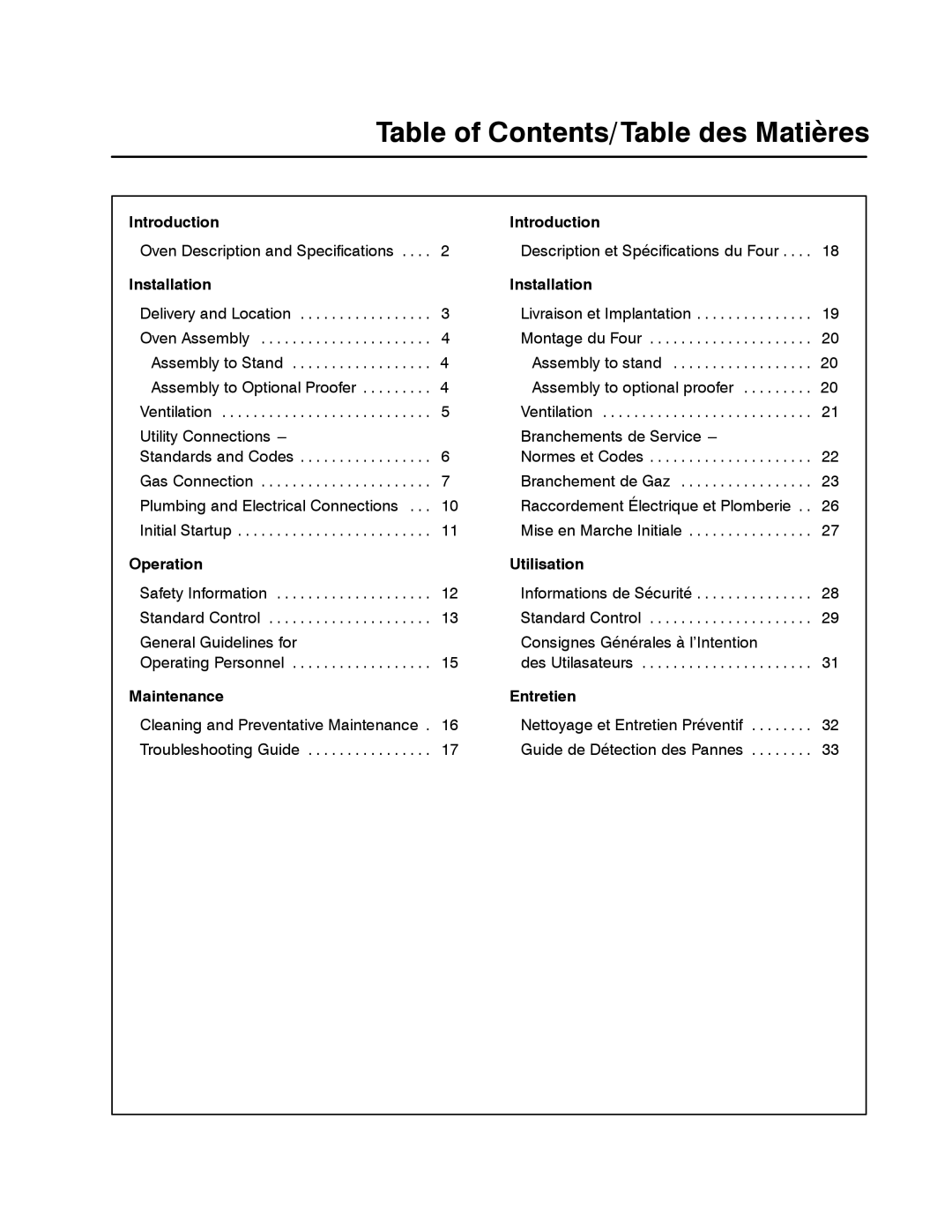 Blodgett XR8-G manual Table of Contents/Table des Matières 