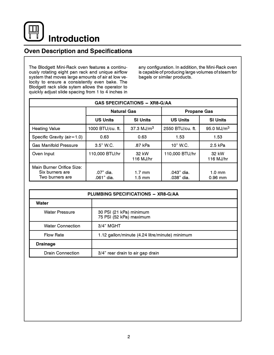 Blodgett manual Introduction, Oven Description and Specifications, GAS Specifications -- XR8-G/AA 