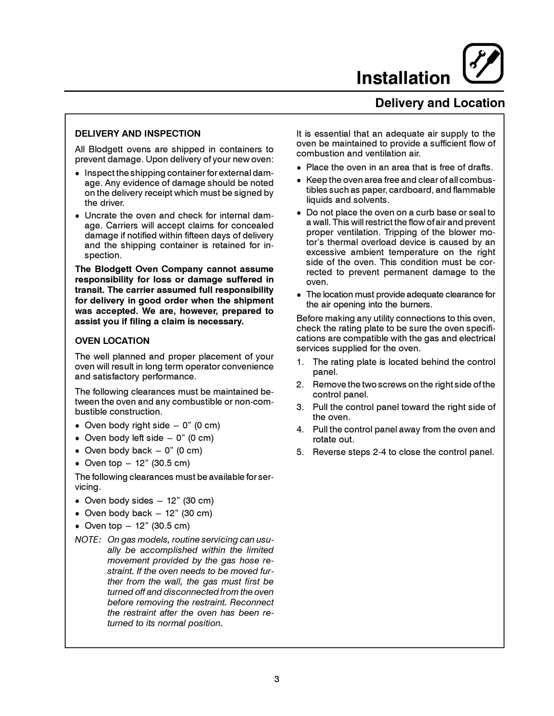 Blodgett XR8-G manual Installation, Delivery and Location, Delivery and Inspection, Oven Location 