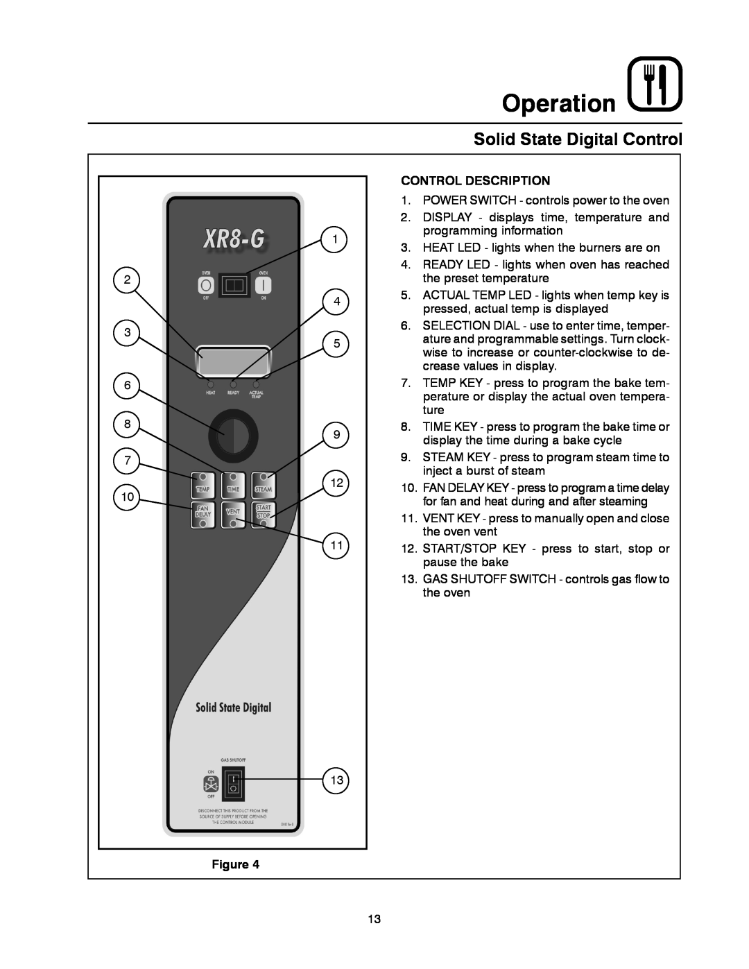Blodgett XR8-G manual Solid State Digital Control, Operation, Control Description 