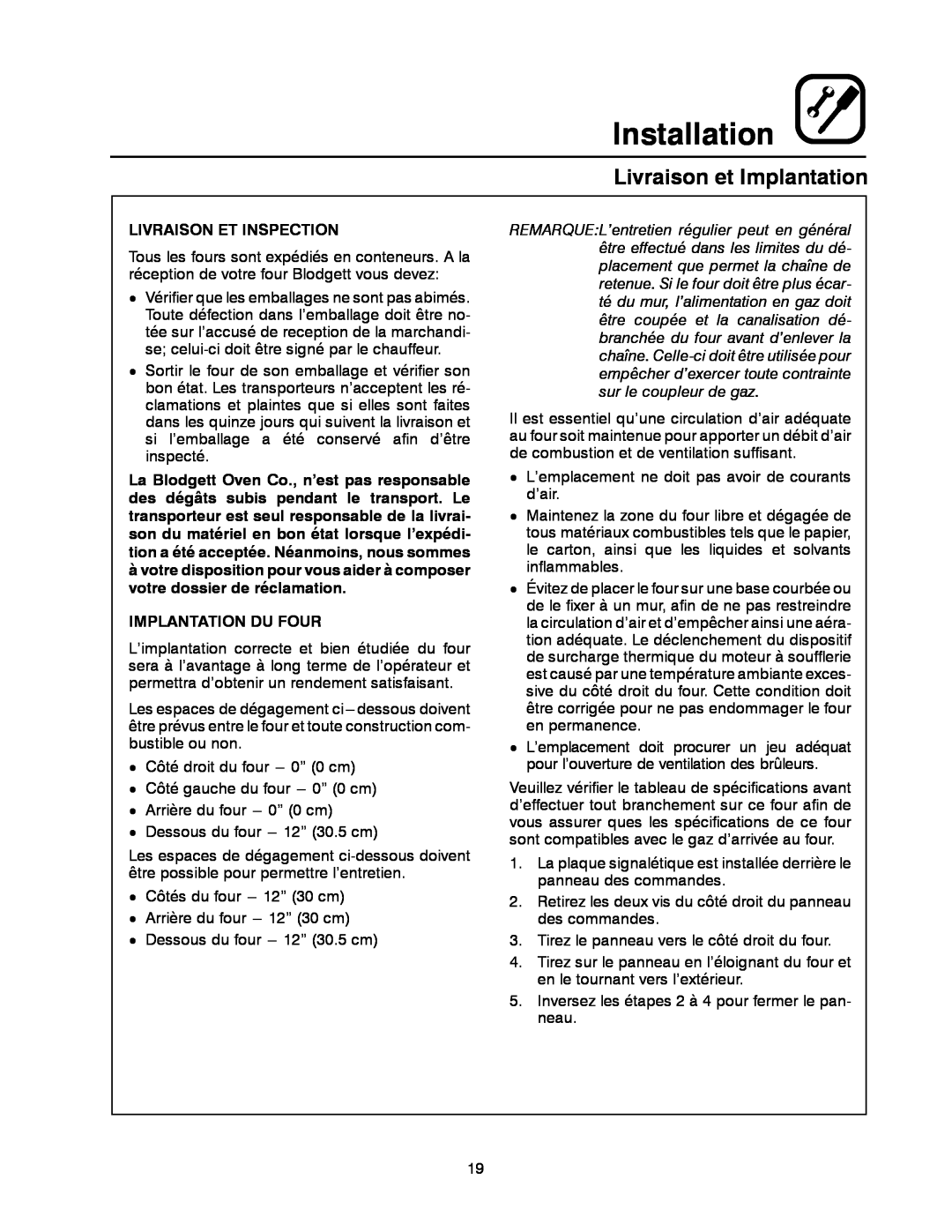 Blodgett XR8-G manual Livraison et Implantation, Installation, Livraison Et Inspection, Implantation Du Four 