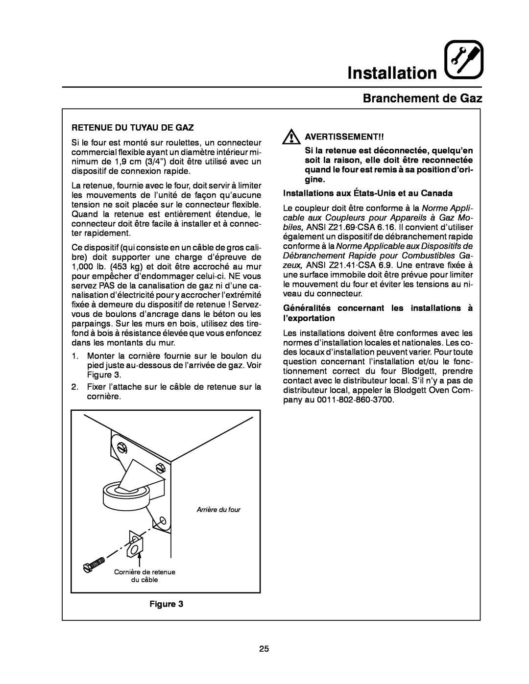 Blodgett XR8-G manual Installation, Branchement de Gaz, Retenue Du Tuyau De Gaz, Avertissement 
