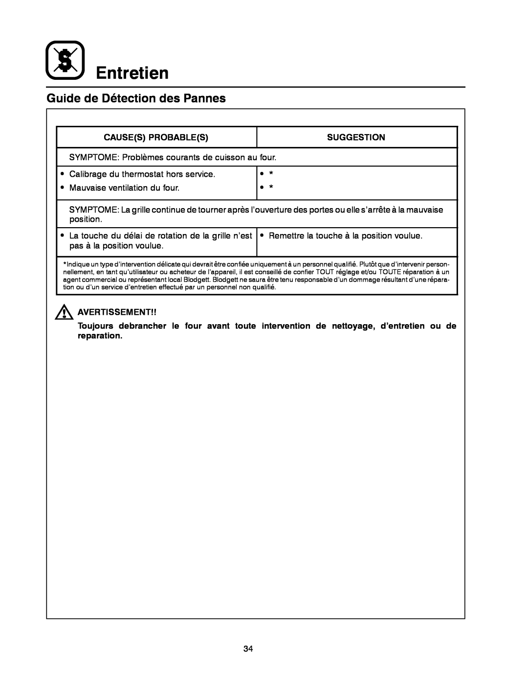 Blodgett XR8-G manual Guide de Détection des Pannes, Entretien, Causes Probables, Suggestion, Avertissement 