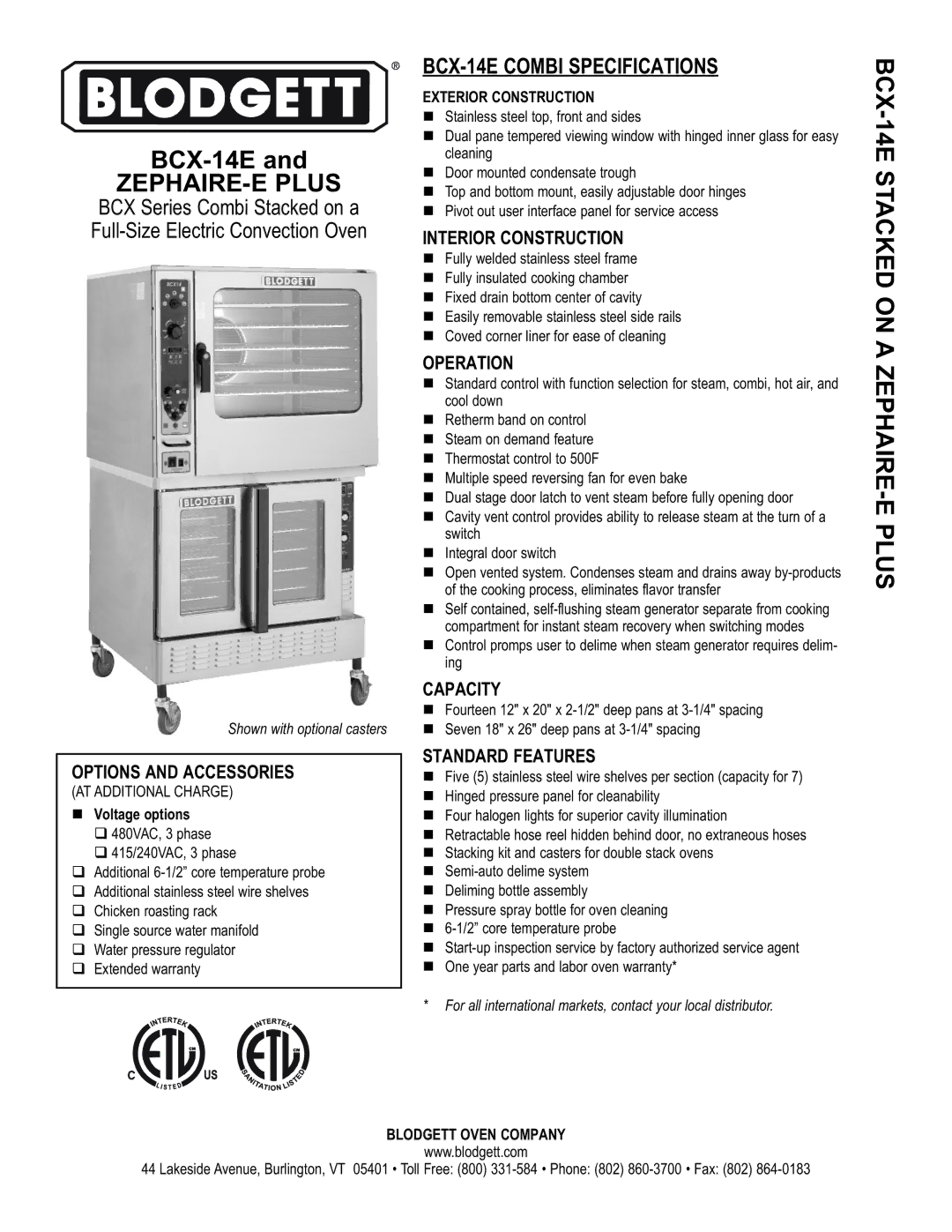 Blodgett ZEPHAIRE-E PLUS specifications BCX-14E Combi Specifications 