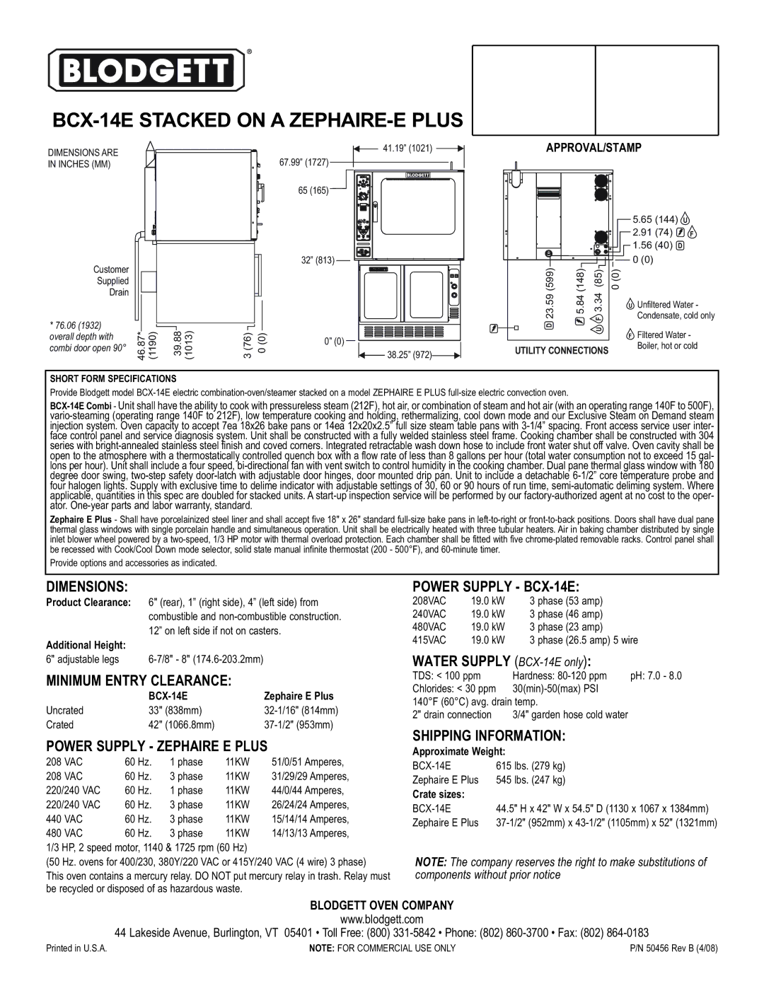 Blodgett ZEPHAIRE-E PLUS Dimensions, Minimum Entry Clearance, Power Supply Zephaire E Plus, Power Supply BCX-14E 