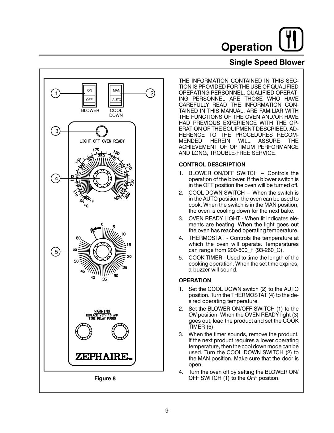 Blodgett ZEPHAIRE-E manual Operation, Single Speed Blower, Control Description 