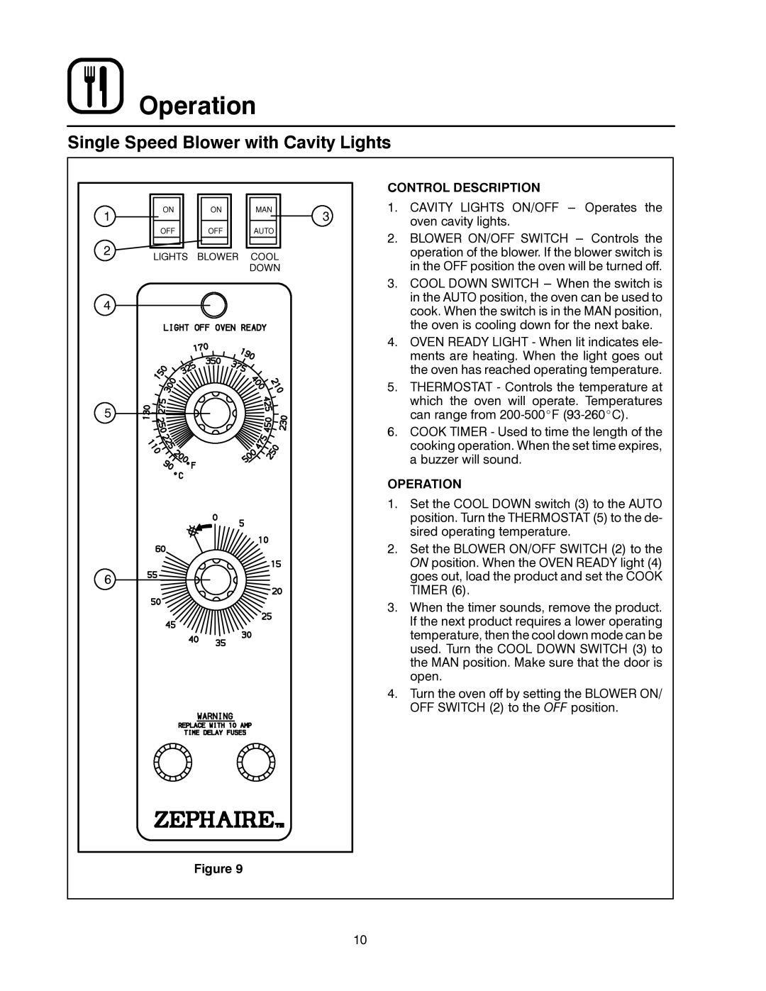 Blodgett ZEPHAIRE-E manual Single Speed Blower with Cavity Lights 