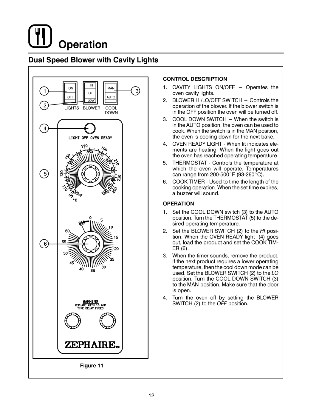 Blodgett ZEPHAIRE-E manual Dual Speed Blower with Cavity Lights 