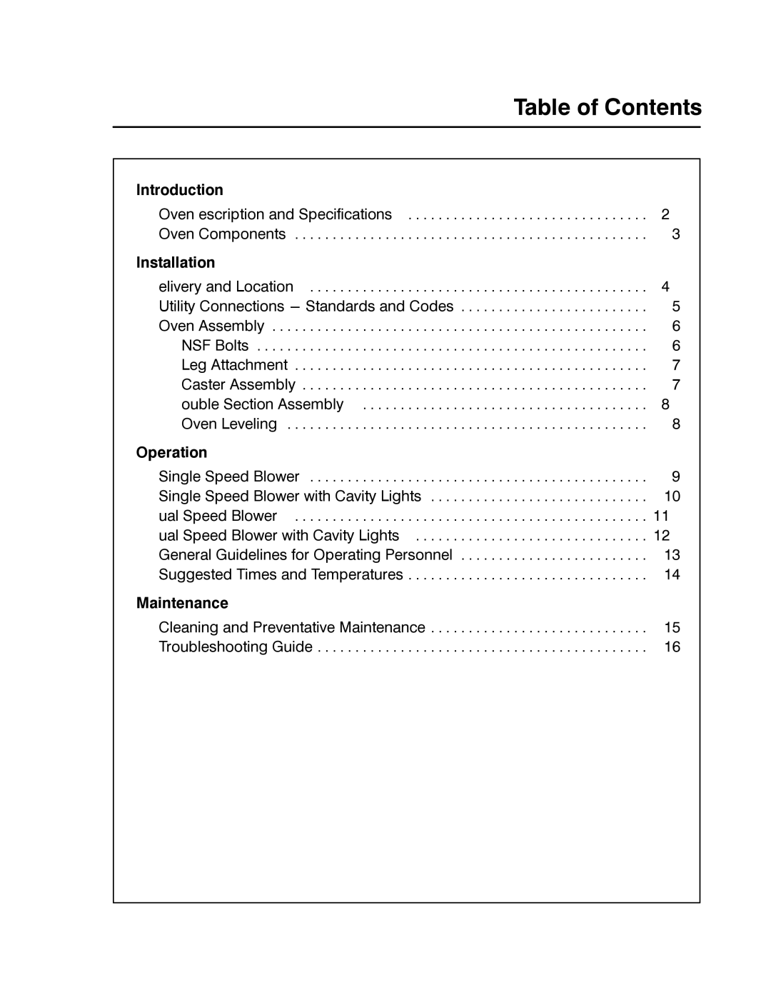 Blodgett ZEPHAIRE-E manual Table of Contents 