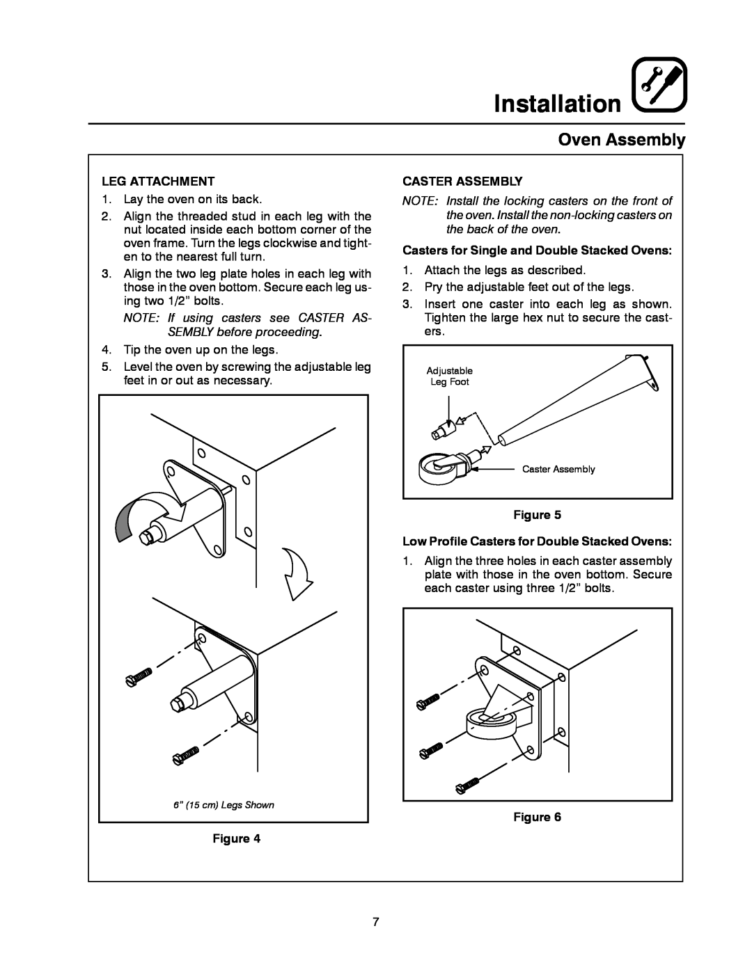 Blodgett ZEPHAIRE-E manual Installation, Leg Attachment, NOTE If using casters see CASTER AS- SEMBLY before proceeding 