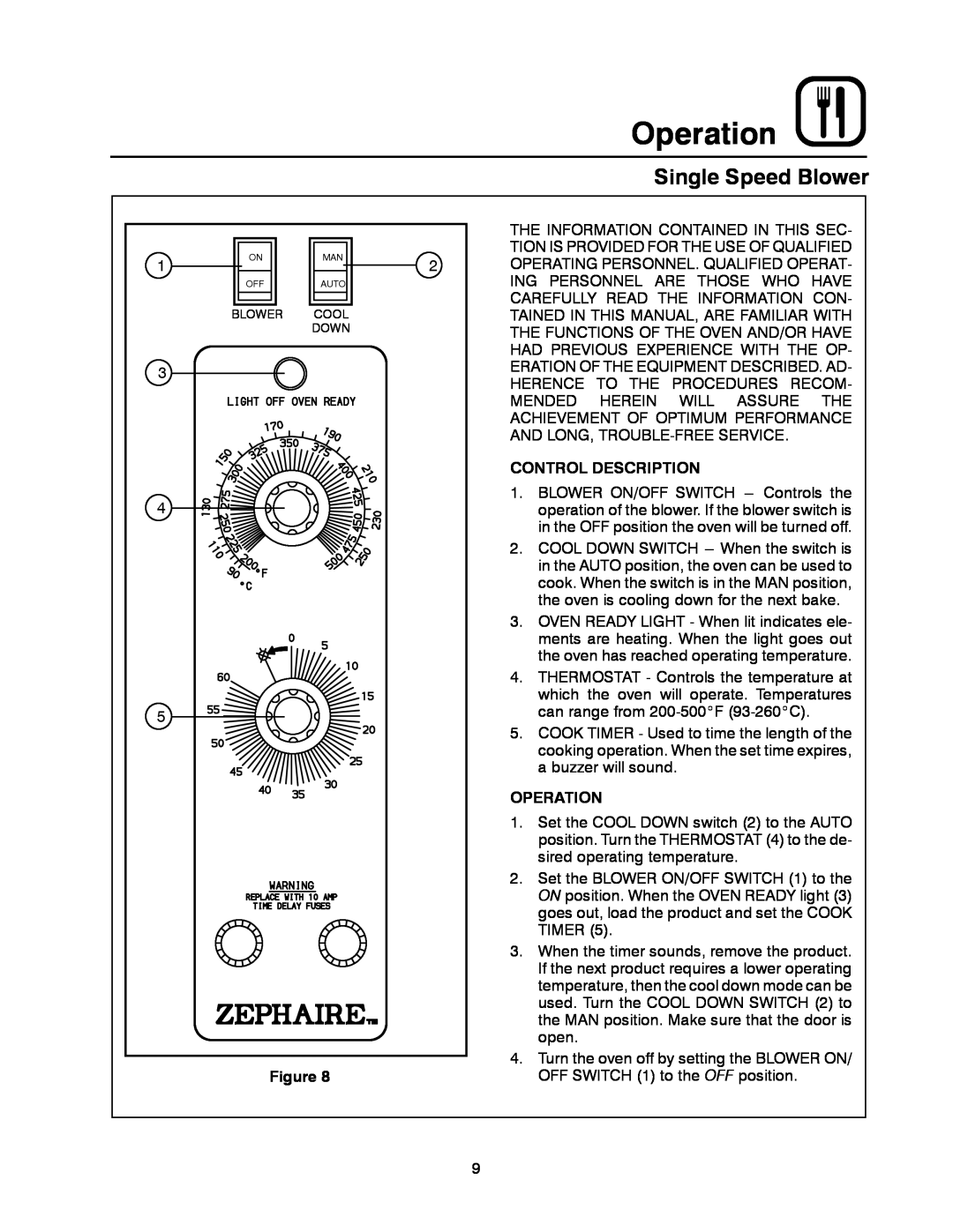 Blodgett ZEPHAIRE-E manual Operation, Single Speed Blower, Control Description 