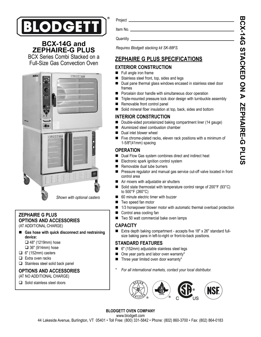 Blodgett ZEPHAIRE-G PLUS specifications Zephaire G Plus Options and Accessories, Exterior Construction, Operation 