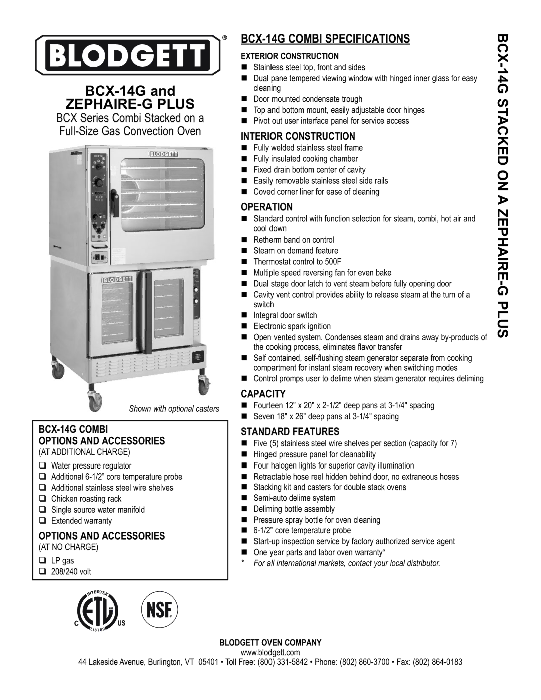 Blodgett ZEPHAIRE-G PLUS specifications BCX-14G Combi Options and Accessories, Exterior Construction 