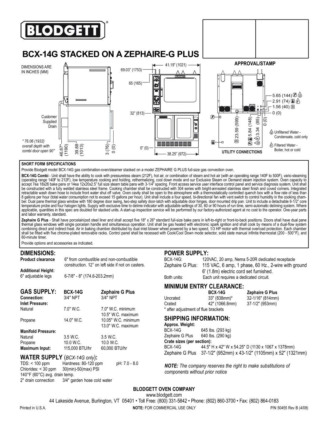 Blodgett ZEPHAIRE-G PLUS specifications Dimensions, GAS Supply, Power Supply, Minimum Entry Clearance, Shipping Information 