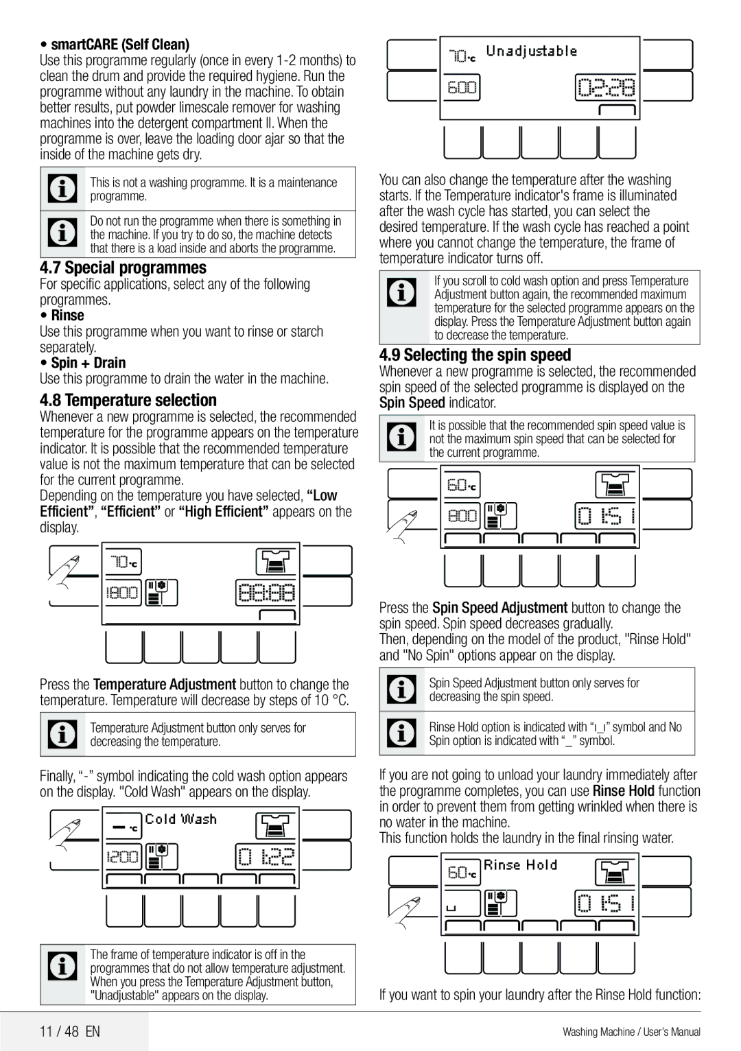 Blomberg 8629 wze40 user manual Special programmes, Temperature selection, Selecting the spin speed, SmartCARE Self Clean 