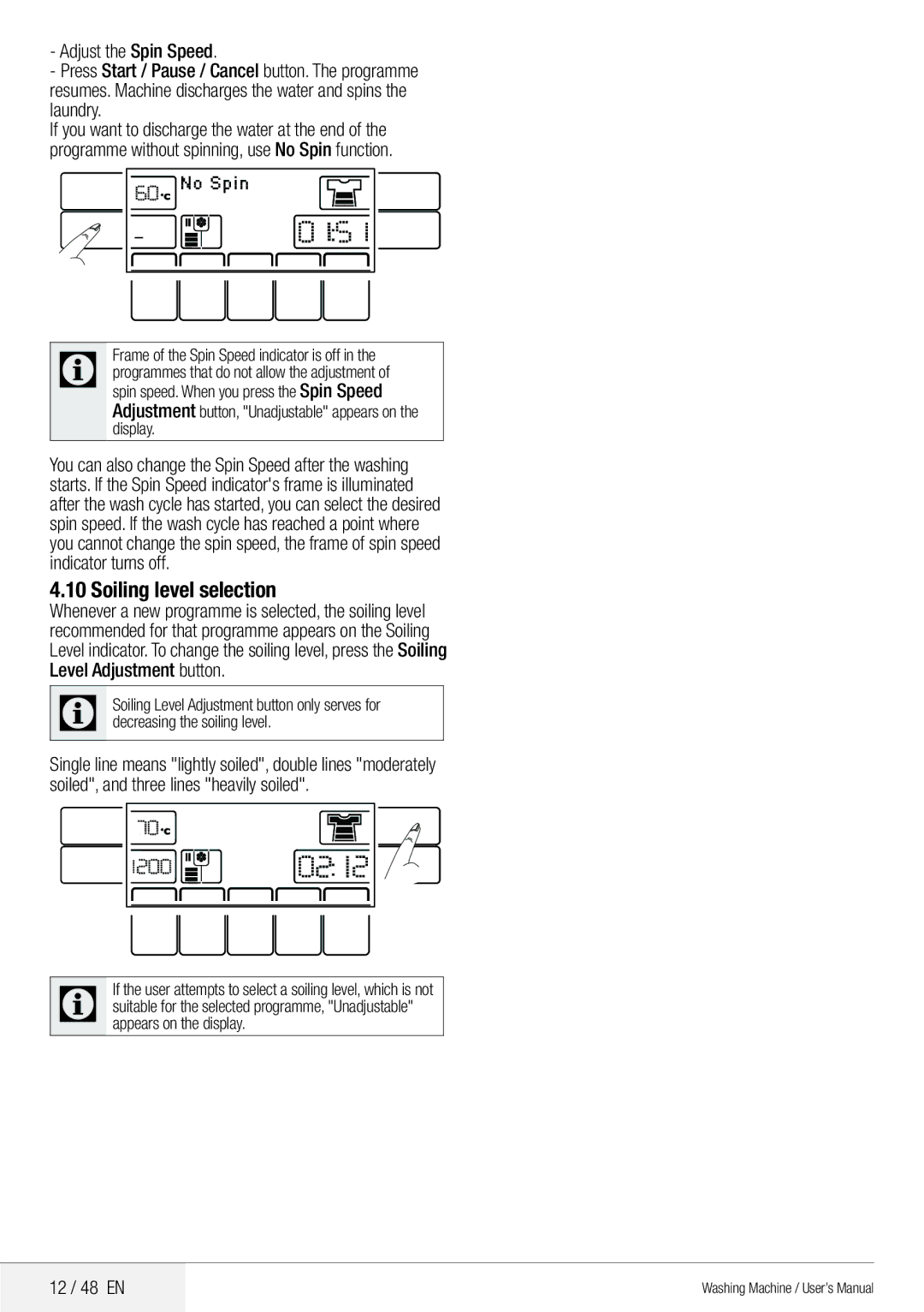 Blomberg 8629 wze40 user manual Soiling level selection, 12 / 48 EN, Appears on the display, No Spin 