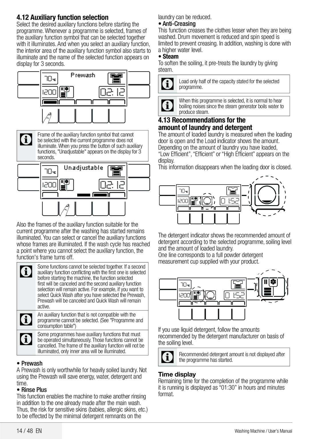 Blomberg 8629 wze40 user manual Auxiliary function selection, Time display 