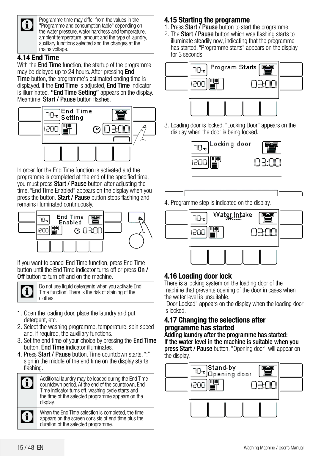 Blomberg 8629 wze40 user manual End Time, Starting the programme, Loading door lock 
