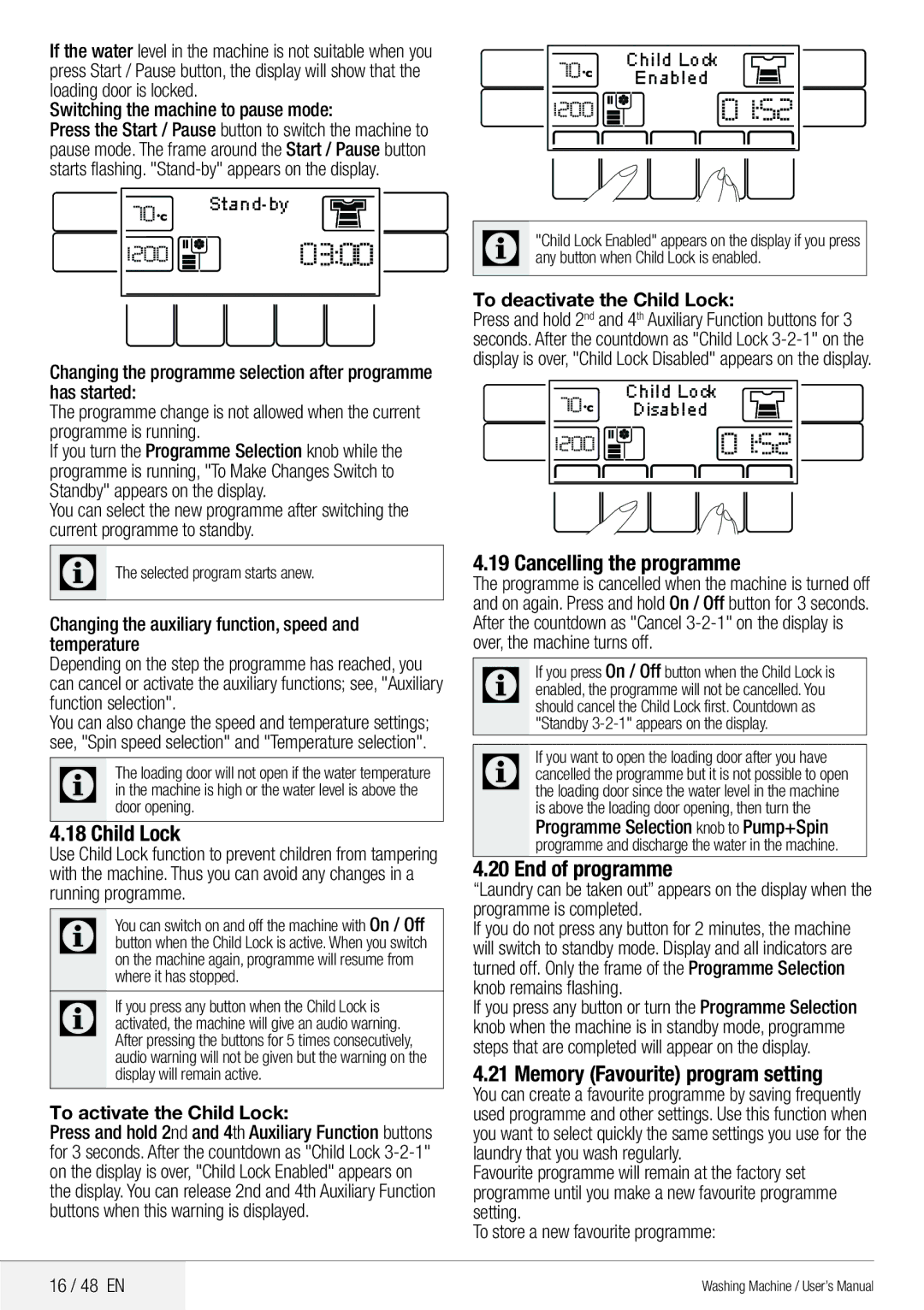 Blomberg 8629 wze40 user manual Child Lock, Cancelling the programme, End of programme, Memory Favourite program setting 