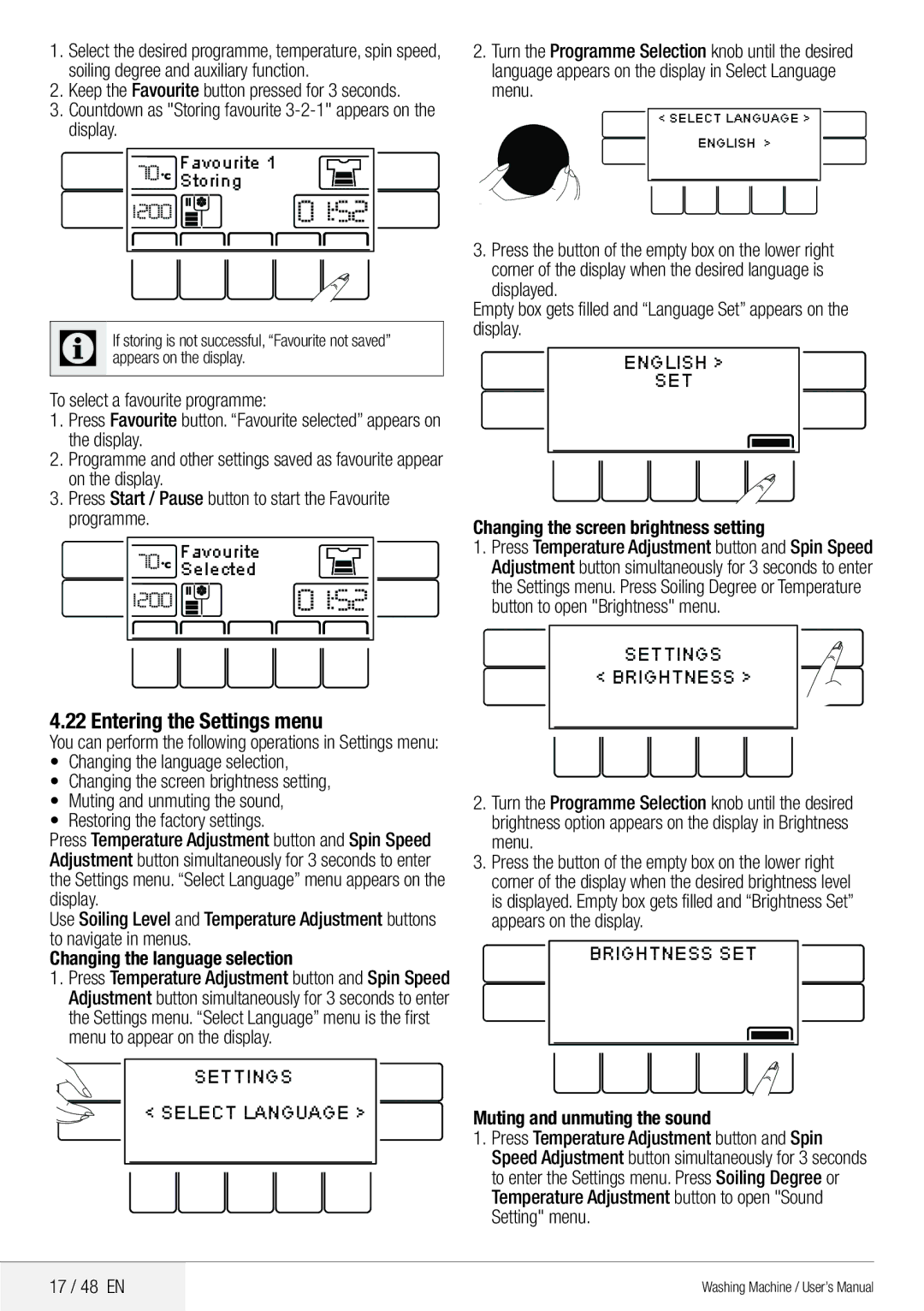 Blomberg 8629 wze40 user manual Entering the Settings menu, Countdown as Storing favourite 3-2-1 appears on the display 