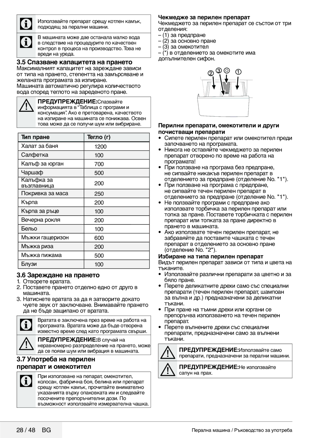 Blomberg 8629 wze40 Спазване капацитета на прането, Зареждане на прането, Употреба на перилен препарат и омекотител 