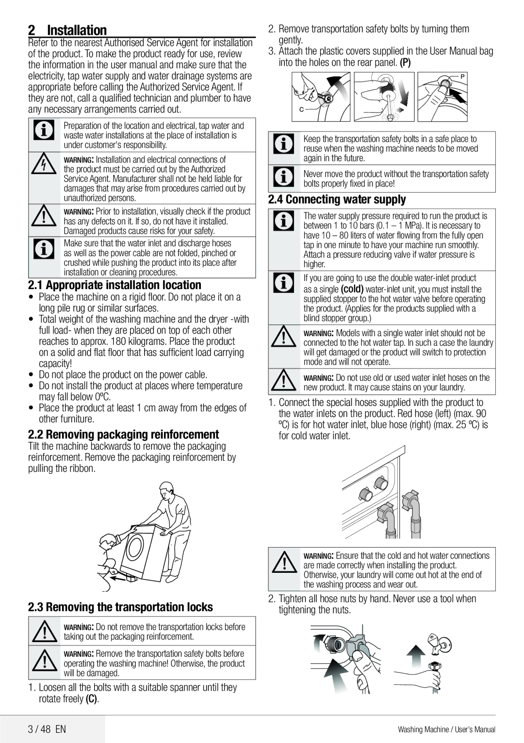 Blomberg 8629 wze40 user manual Installation, Appropriate installation location, Removing packaging reinforcement 