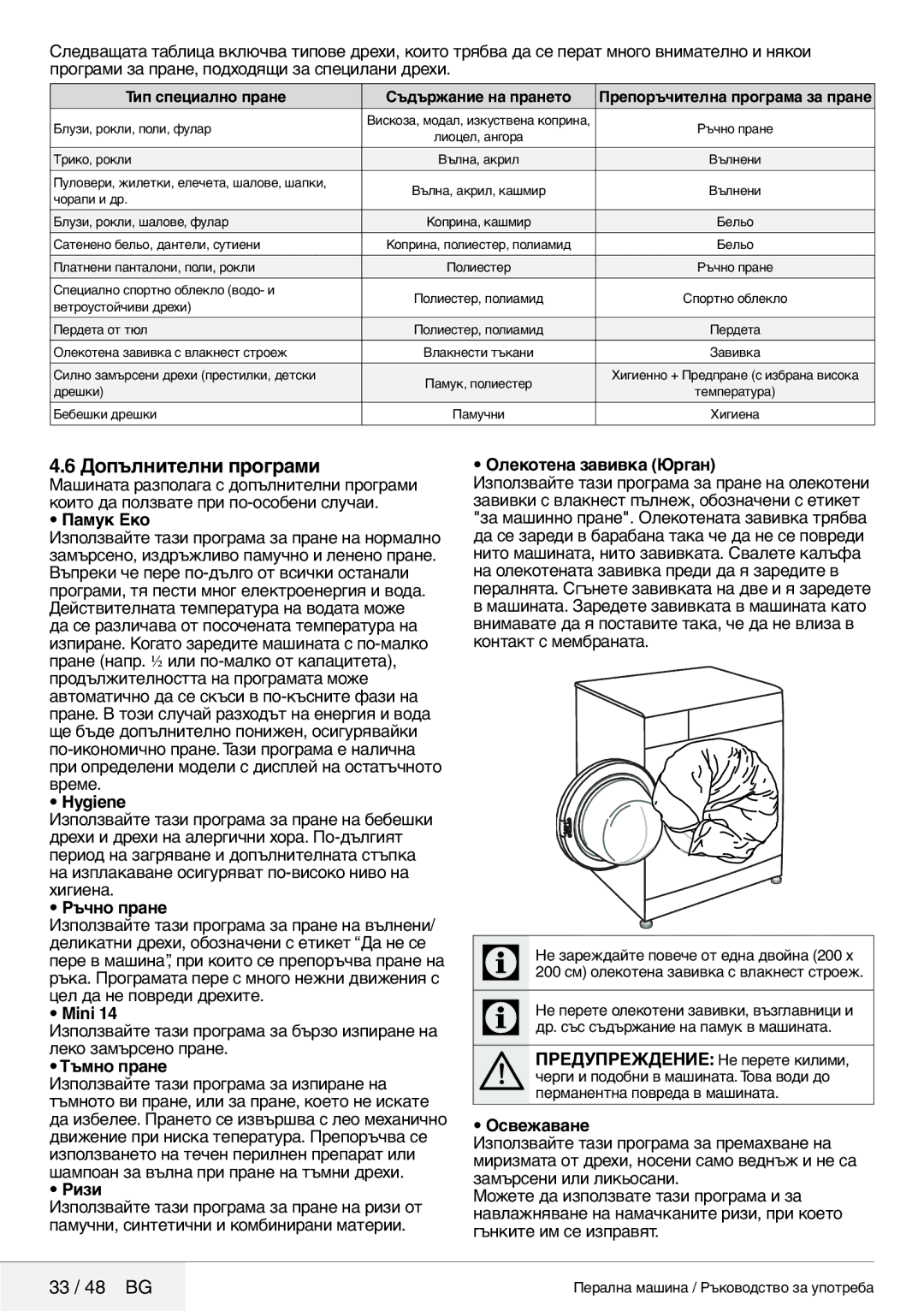 Blomberg 8629 wze40 user manual Допълнителни програми, 33 / 48 BG 