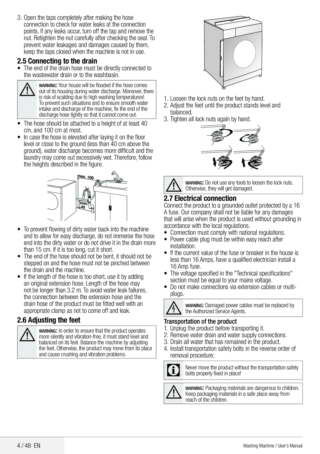 Blomberg 8629 wze40 user manual Connecting to the drain, Adjusting the feet, Electrical connection 