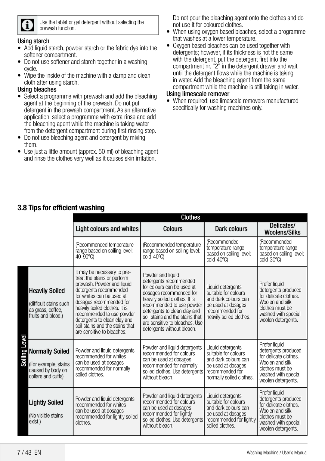 Blomberg 8629 wze40 Tips for efficient washing, Do not use bleaching agent and detergent by mixing them, Lightly Soiled 