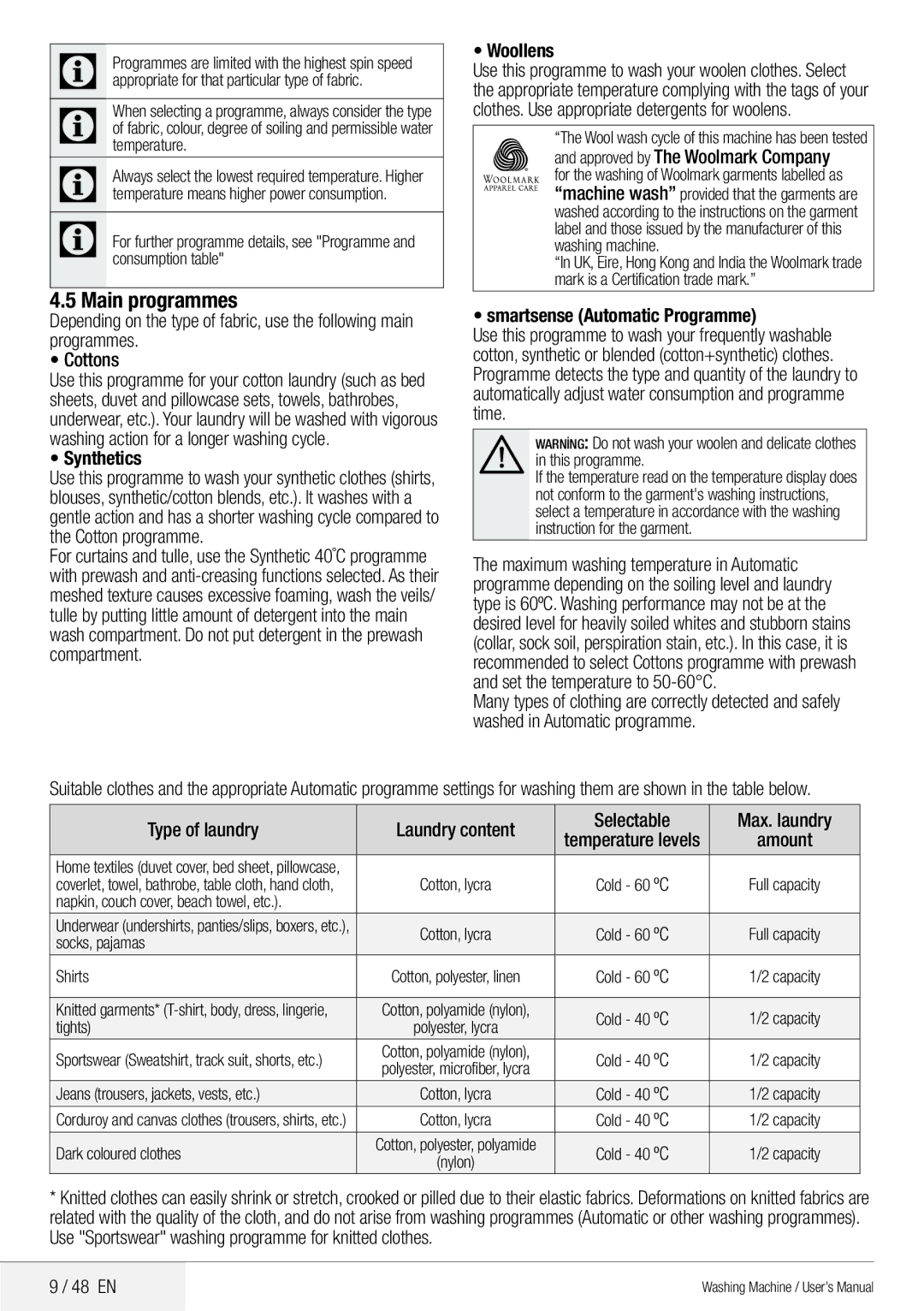 Blomberg 8629 wze40 user manual Main programmes, Synthetics, Woollens, Smartsense Automatic Programme 