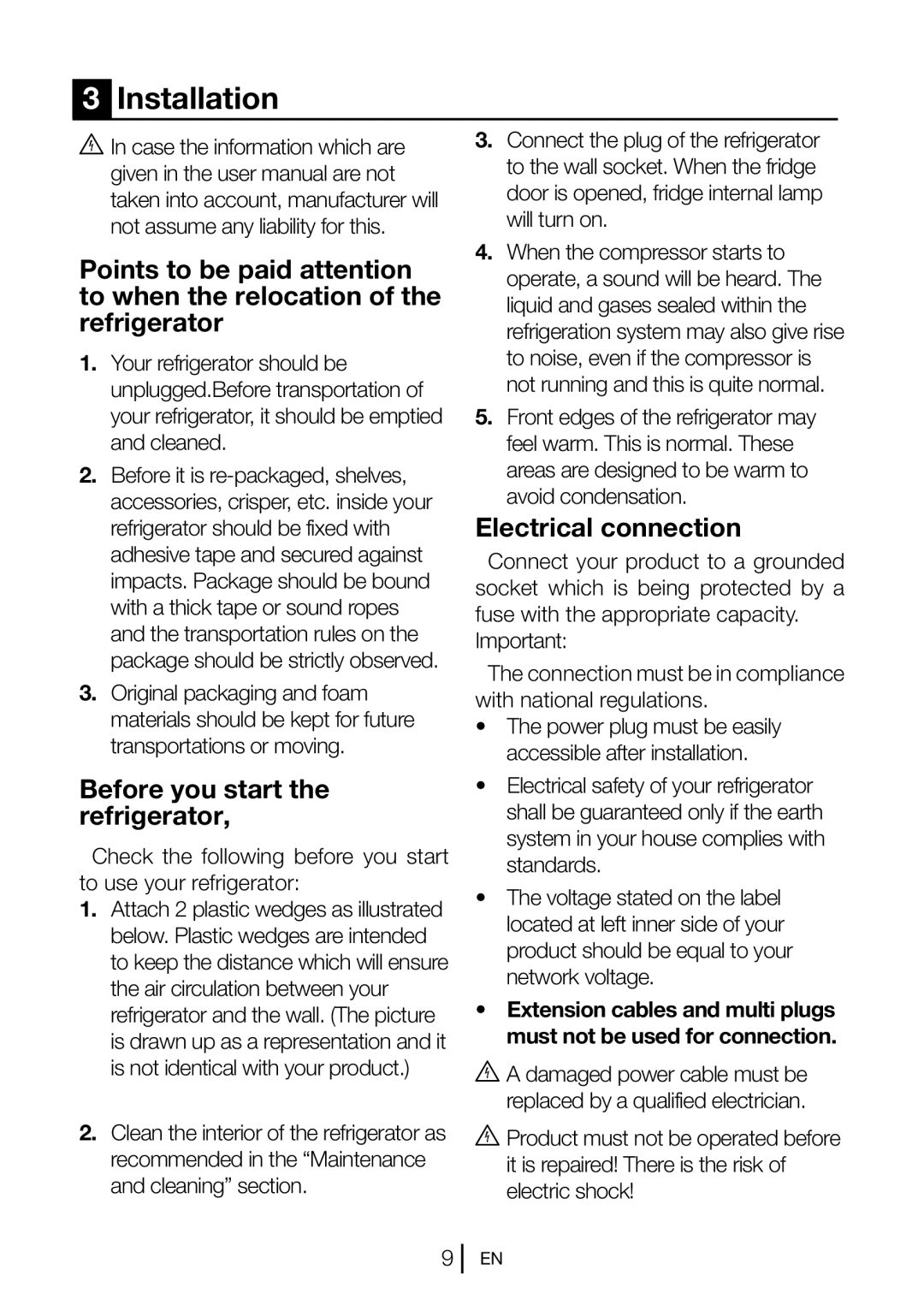 Blomberg BRFB1050FFBI manual Installation, Before you start the refrigerator, Electrical connection 