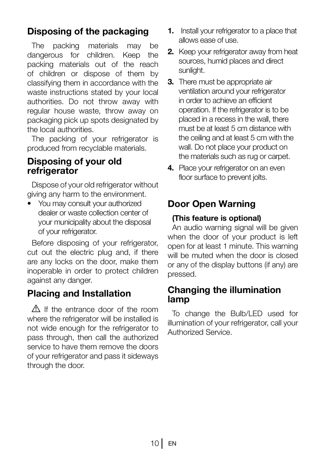 Blomberg BRFB1050FFBI manual Disposing of the packaging, Disposing of your old refrigerator, Placing and Installation 