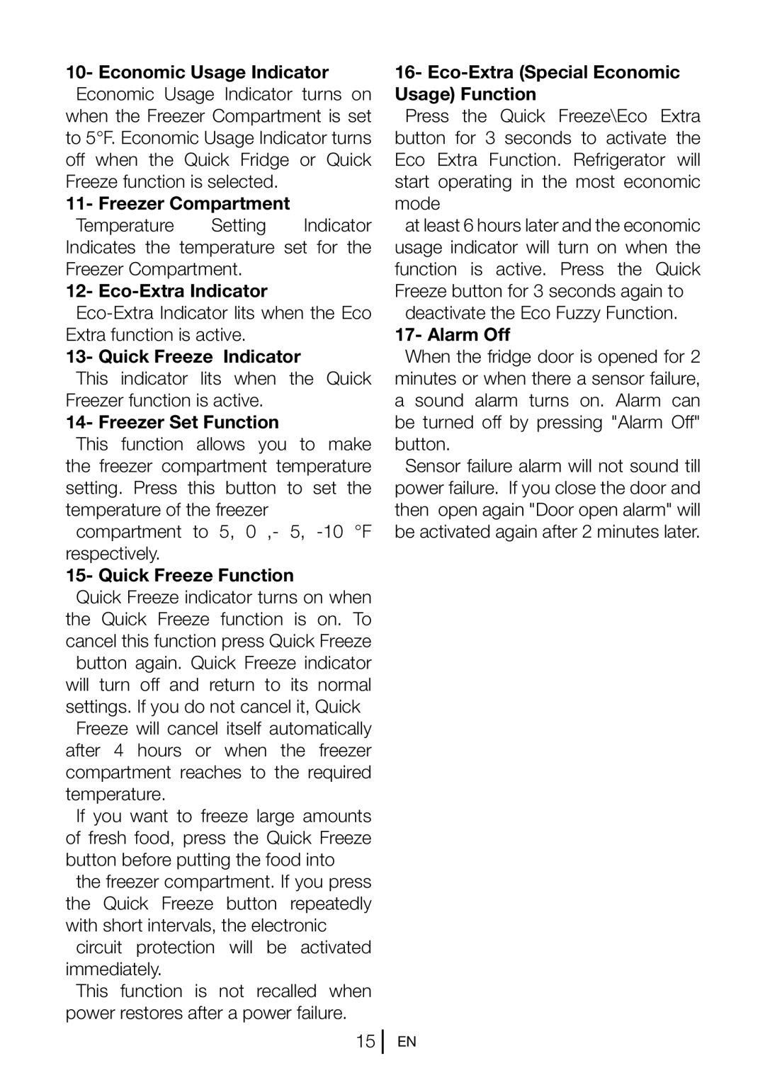 Blomberg BRFB1050FFBI manual Economic Usage Indicator Economic Usage Indicator turns on, Freezer Compartment, Alarm Off 