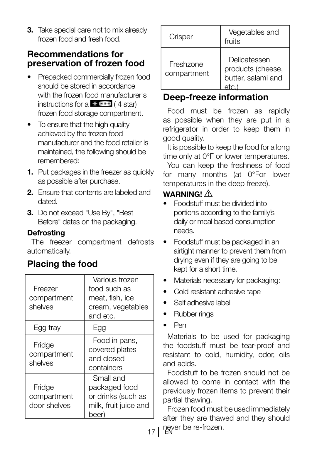 Blomberg BRFB1050FFBI manual Recommendations for preservation of frozen food, Placing the food, Deep-freeze information 