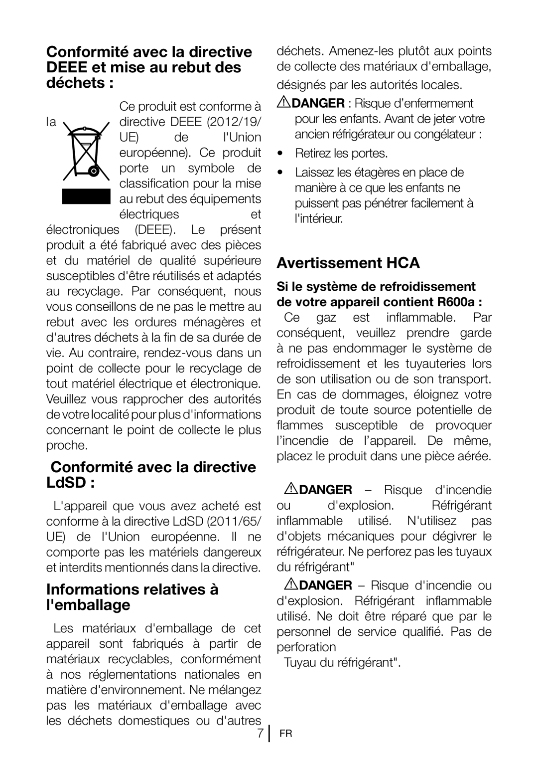 Blomberg BRFB1050FFBI manual Conformité avec la directive LdSD, Informations relatives à lemballage, Avertissement HCA 