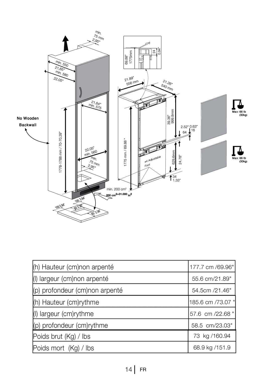 Blomberg BRFB1050FFBI manual Hauteur cmnon arpenté 