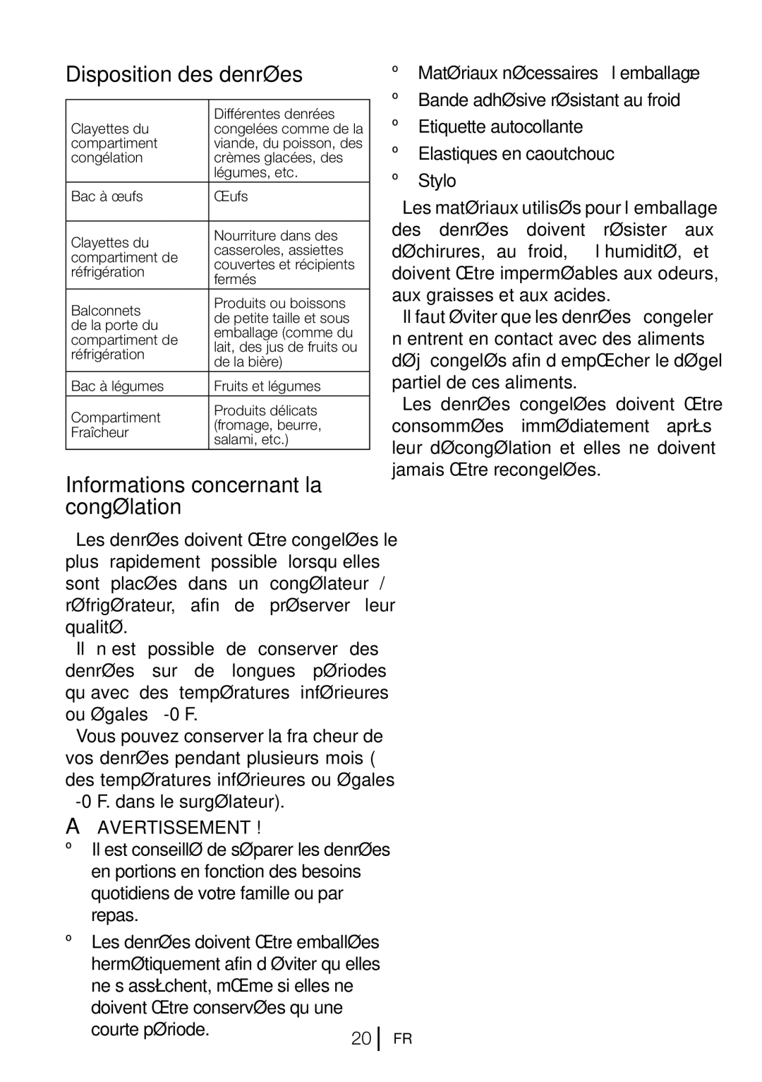 Blomberg BRFB1050FFBI manual Disposition des denrées, Informations concernant la congélation 