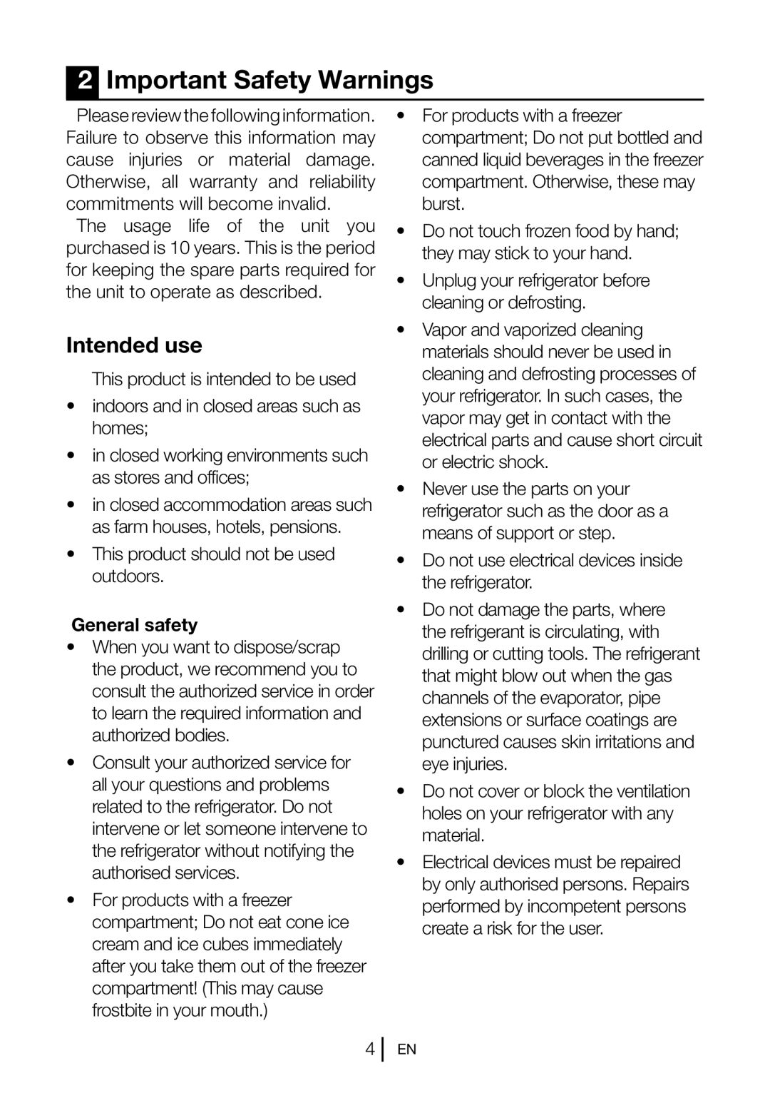 Blomberg BRFB1050FFBI Important Safety Warnings, Intended use, This product should not be used outdoors, General safety 