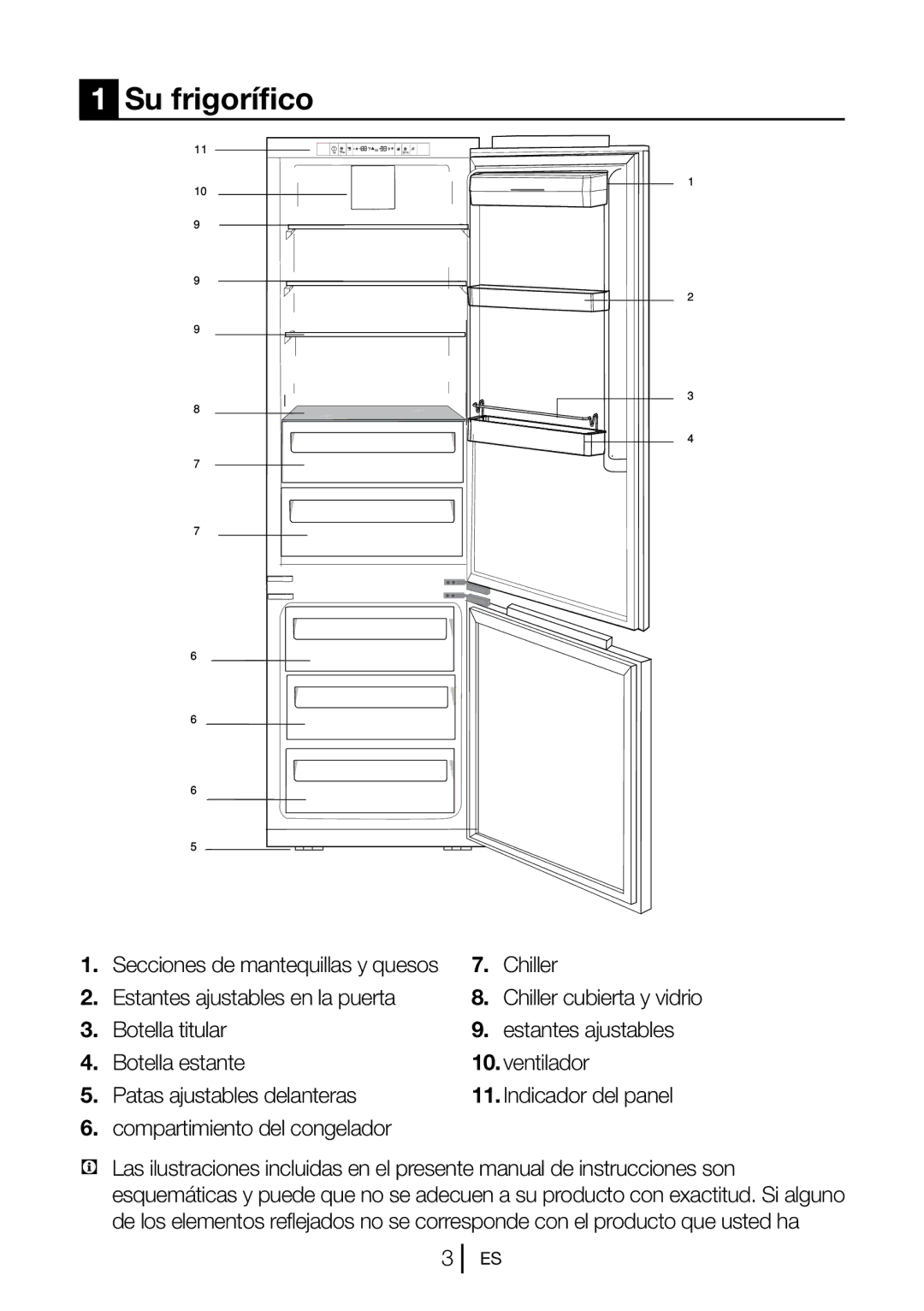 Blomberg BRFB1050FFBI manual Su frigorífico, Chiller, Estantes ajustables en la puerta, Compartimiento del congelador 